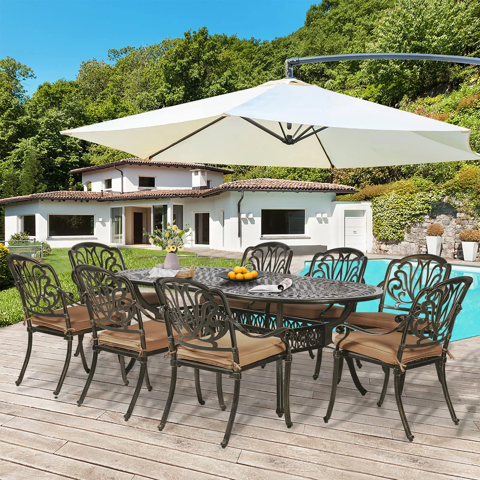 W WARMHOL 9-Piece Patio Dining Set, Outdoor Patio Set of 83.8" Oval Cast Aluminum Dining Table with Umbrella Hole and 8 Outdoor Dining Cushion Chairs
