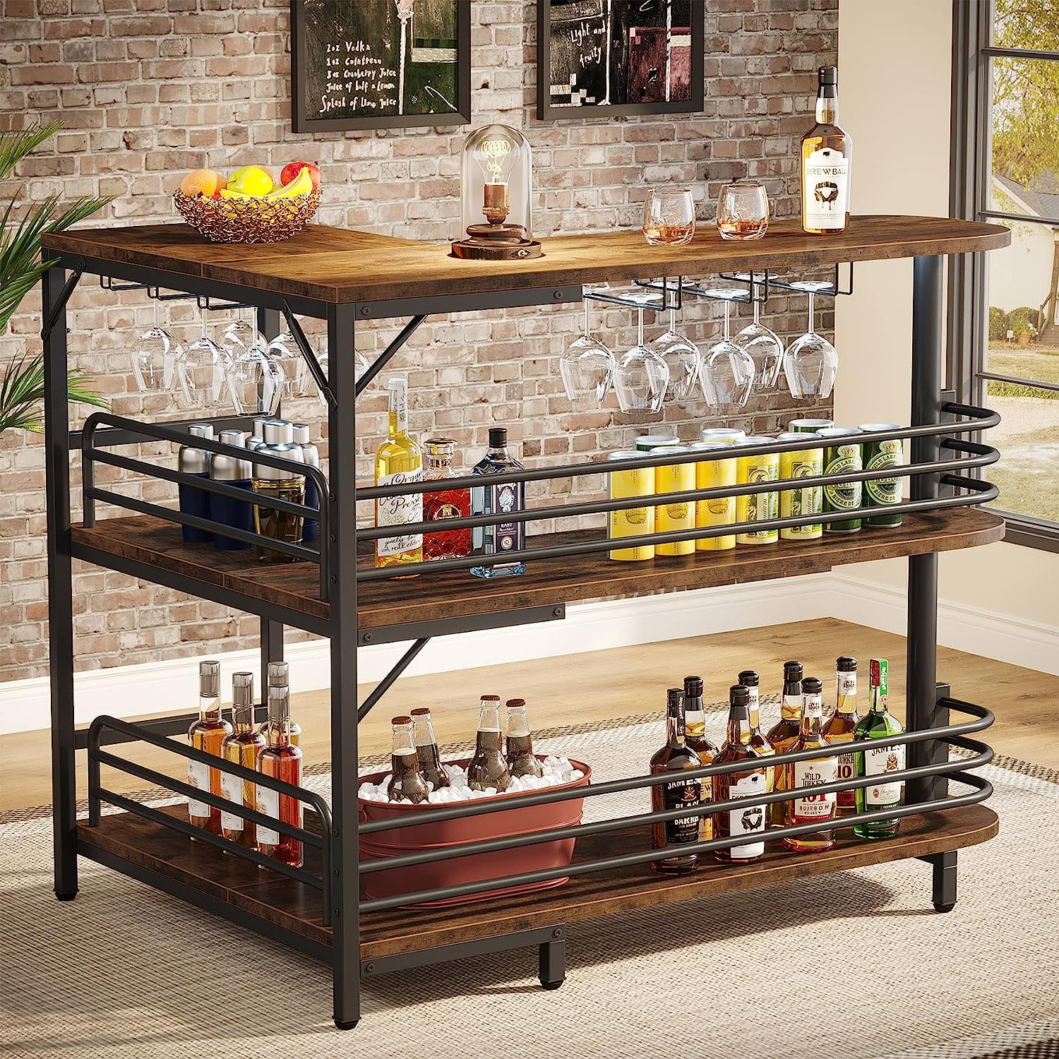 U-SHARE L-Shaped Home Bar Unit, 3 Tier Liquor Bar Table with Storage Shelves and Wine Glasses Holder