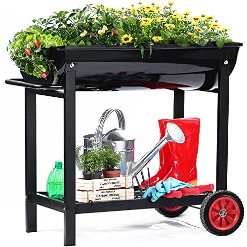 Aveyas Metal Raised Planter Box on Wheels with Gardening Kit, Elevated, Mobile Garden Bed Cart with Legs -Compatible with Indoor & Outdoor Patio