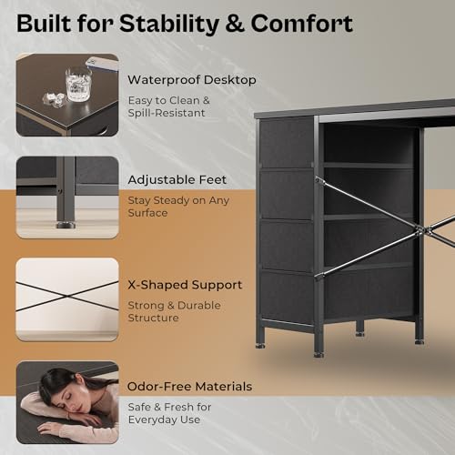 Huuger 63 Inch L Shaped Desk with Fabric Drawers, Reversible Computer Gaming Desk with Power Outlets and USB-C Port, Adjustable Side Storage Shelves