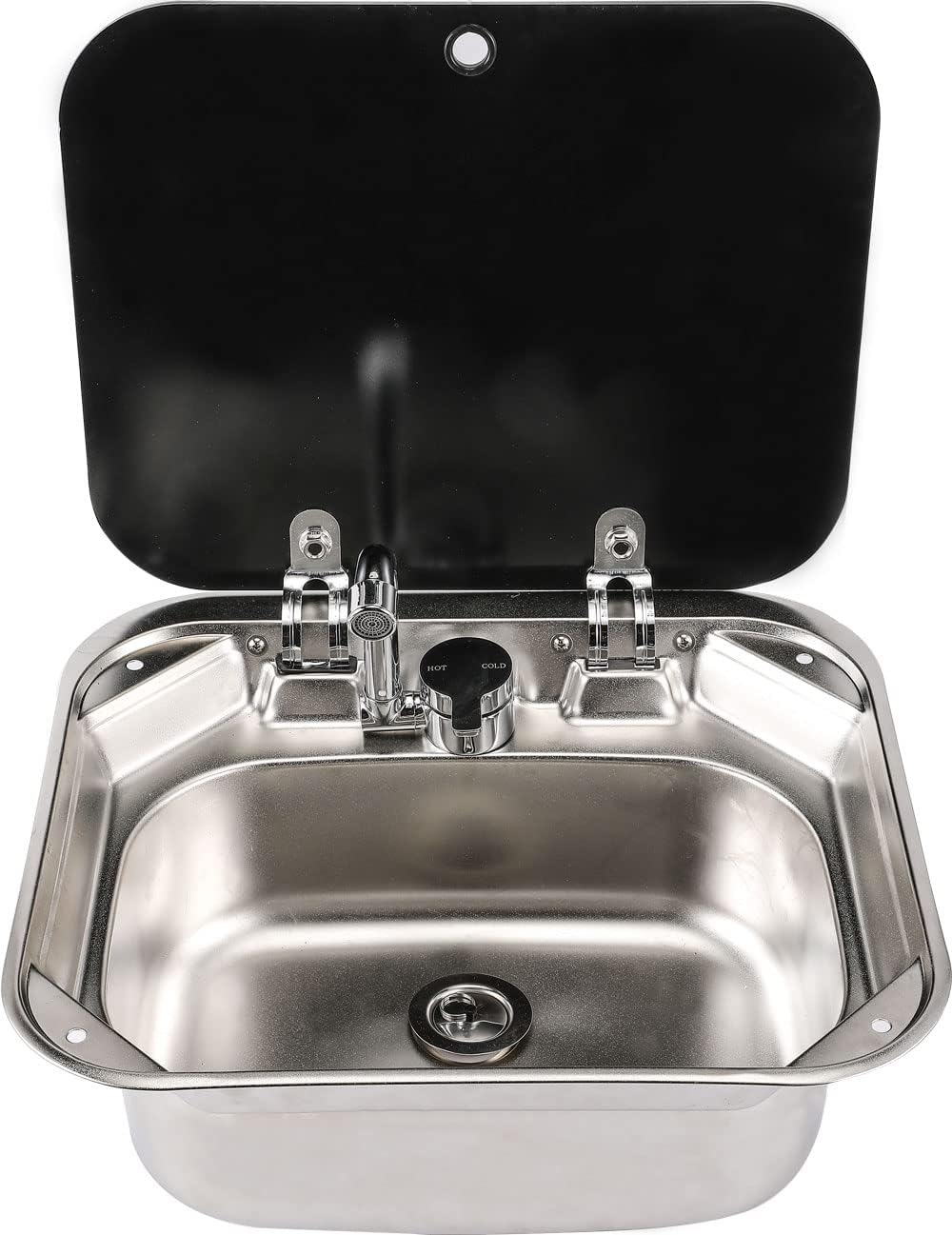 EzeXpreze RV Kitchen Sink Stainless Steel Hand Wash Basin Sink with Folded Faucet Tempered Glass Lid Washbasin for Camper Trailer Caravan (sink with