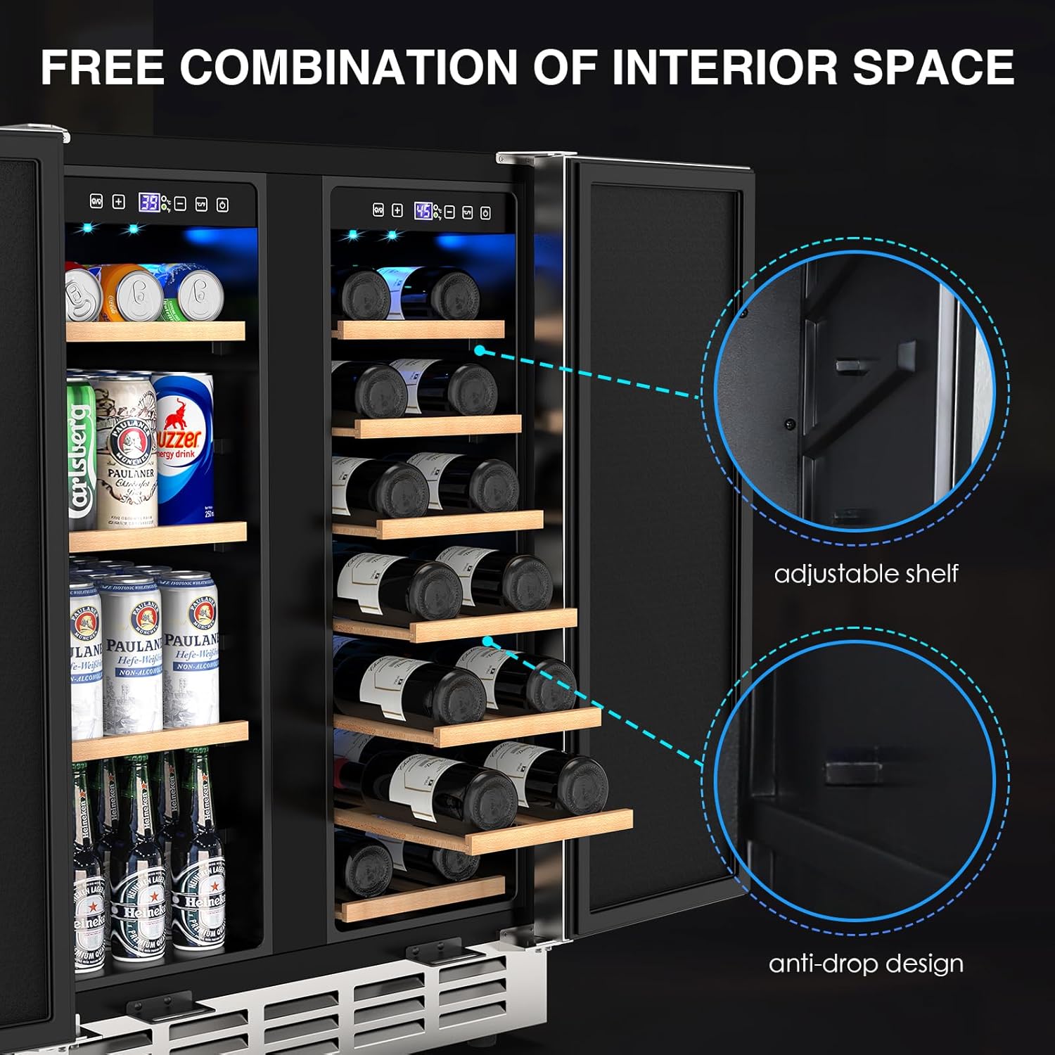 24 Inch Outdoor Wine Refrigerator, Weather Proof Stainless Steel Dual Zone Beverage Fridge