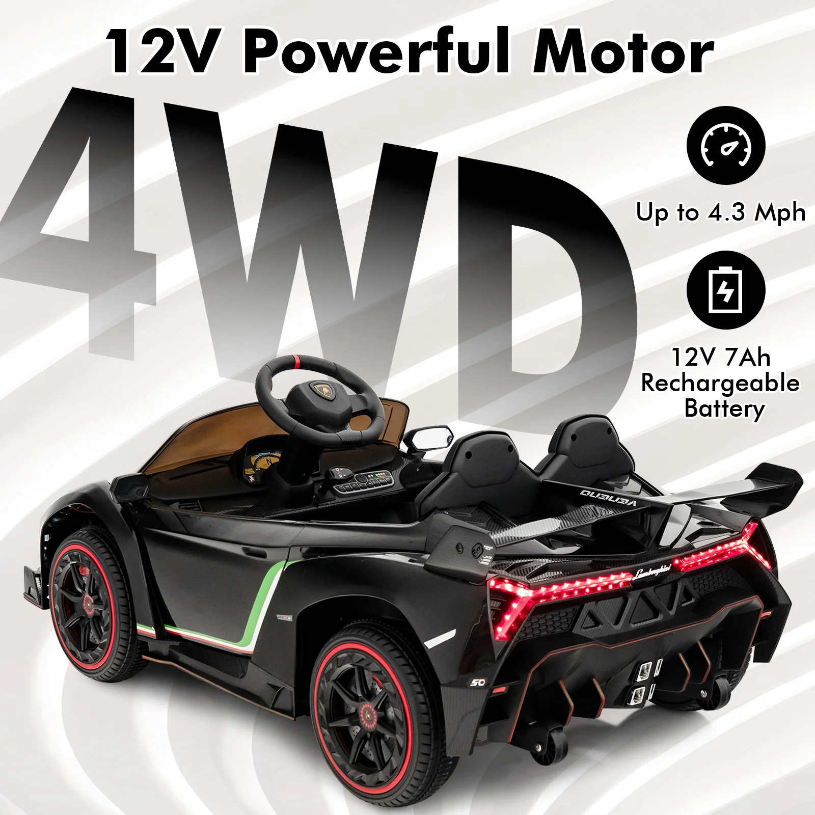 OLAKIDS 2 Seater Kids Ride on Car, 12V 4WD Licensed Lamborghini Veneno Powered Electric Vehicle with Hydraulic Doors, Rocking Mode, Adjustable Speeds