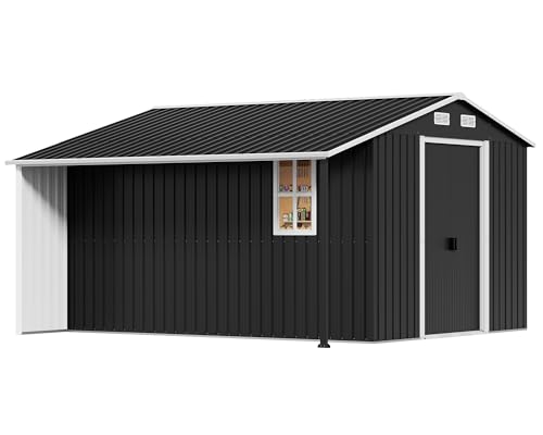 Jocisland 10.6x10.3x6.3 FT Outdoor Storage Shed with Sliding Doors & Two 4-Pane Windows, Open Outdoor Shed for Wood Storage, Dark Grey/White