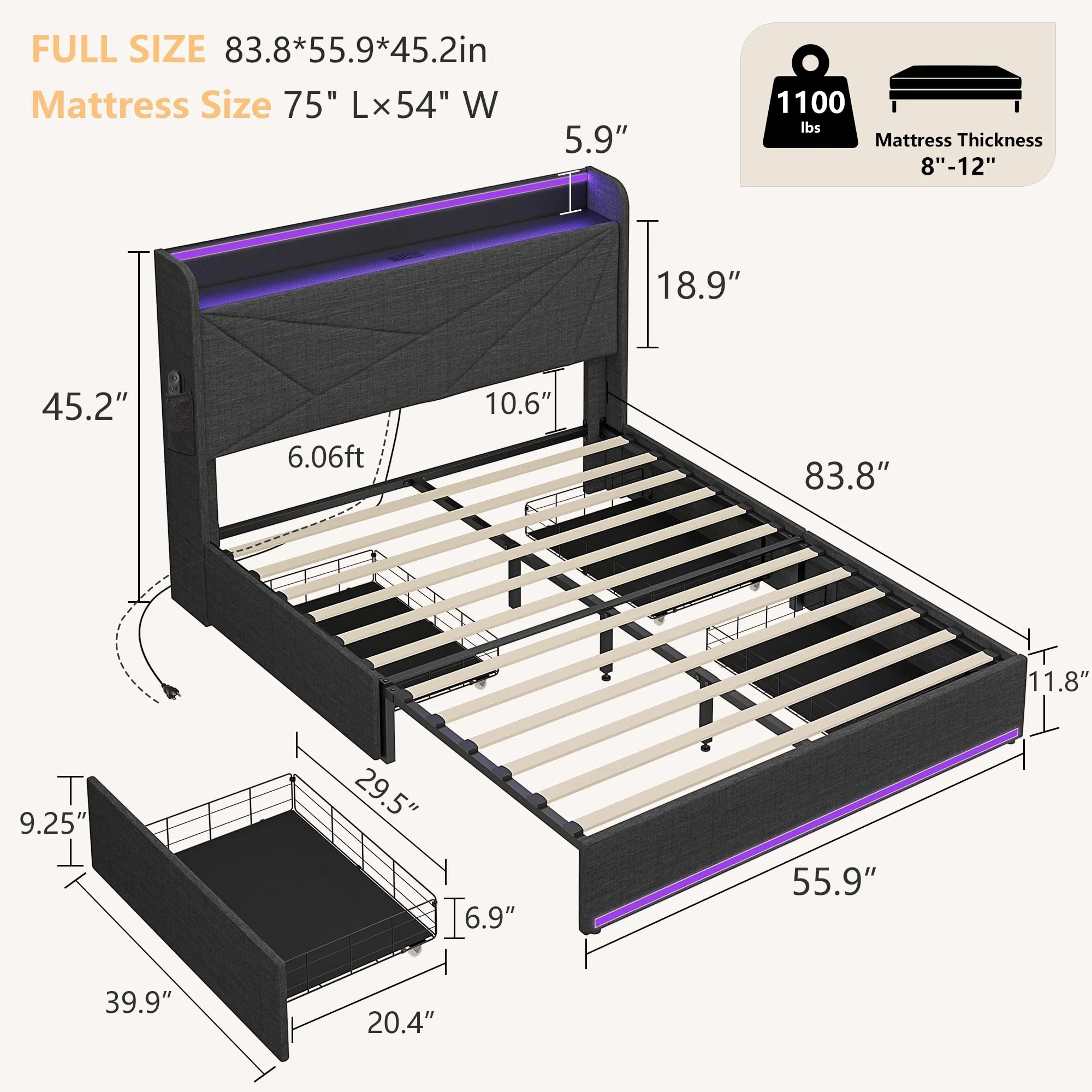 Full Size Bed Frame with Upholstered Headboard. 4 Storage Drawers. Metal Platform Bed Frame with LED Lights and Charge Station. Wooden Slats Support.