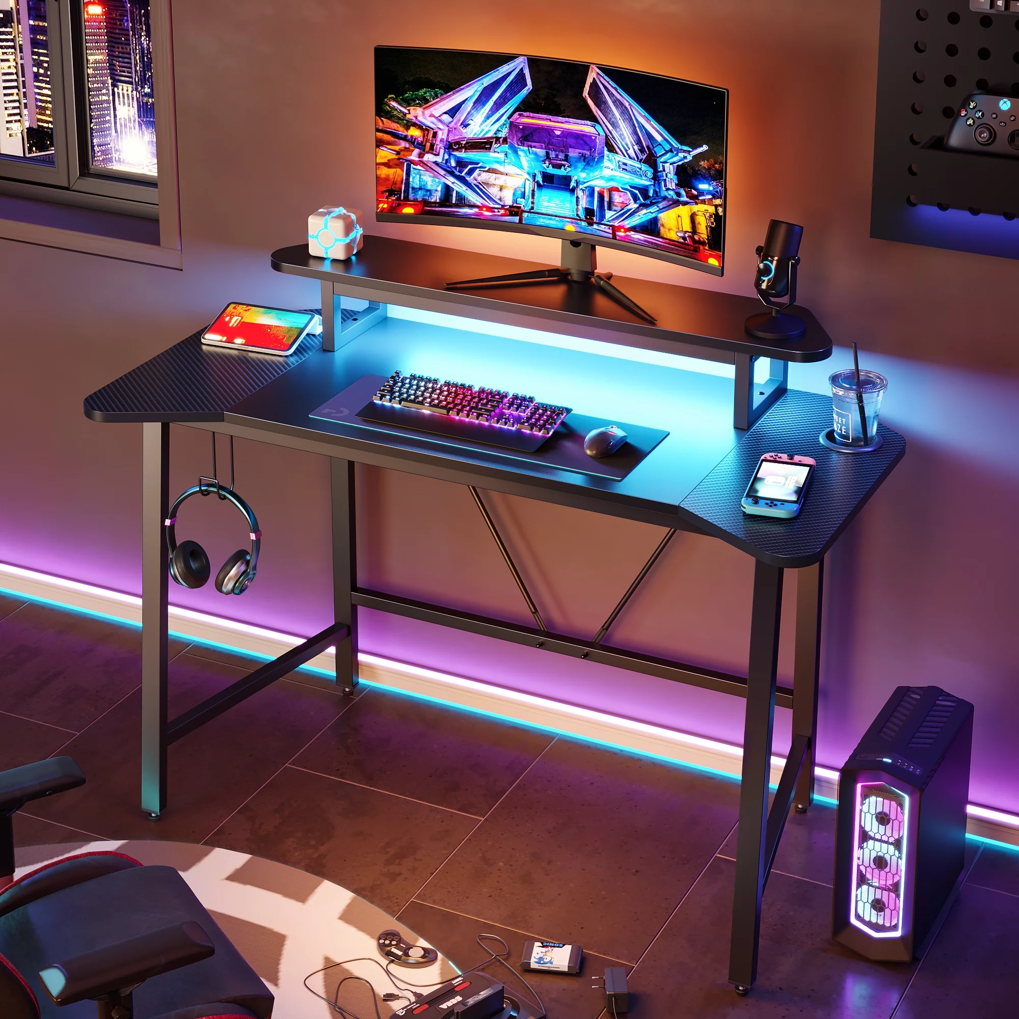 Bestier Gaming Desk 50 Inch PC Computer Desk with LED Lights Monitor Stand Cup Holder, Black