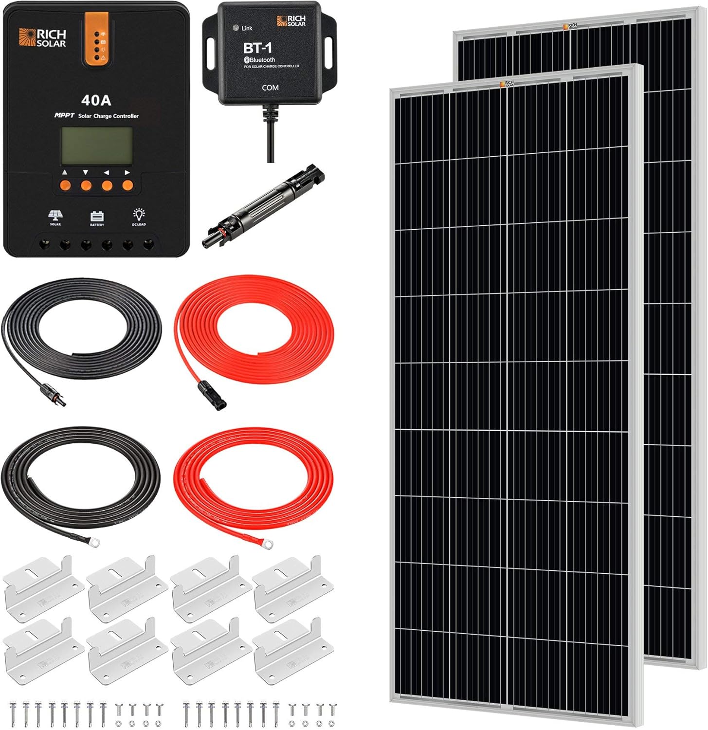 RICH SOLAR 400 Watt 12 Volt 2 Pcs 200W Panel+40A MPPT Charge Controller+ Bluetooth Module Fuse+ Mounting Z Brackets+Adaptor Kit +Tray Cables Set