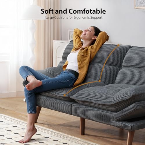 Pipishell Convertible Futon Sofa Bed,66" Corduroy Futon Couch with Adjustable Backrest and Armrests, Recliner Sleeper Sofa for Small Spaces