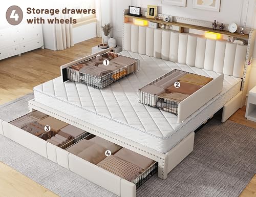 EnHomee Queen Bed Frame with 3 Storage Drawers, Upholstered Bed Frame Queen Size with 2-Tier Storage Headboard, Wooden Slats, No Box Spring Needed