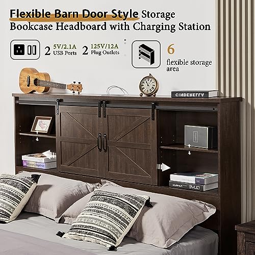 VanAcc Full Size Bed Frame, Wooden Platform Storage Bed with 51.2" Bookcase Headboard, 2 Drawers