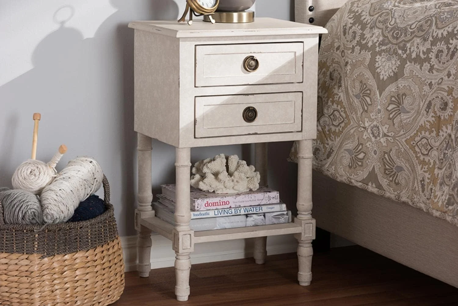 Lenore Country Cottage Farmhouse Whitewashed 2-Drawer Nightstand