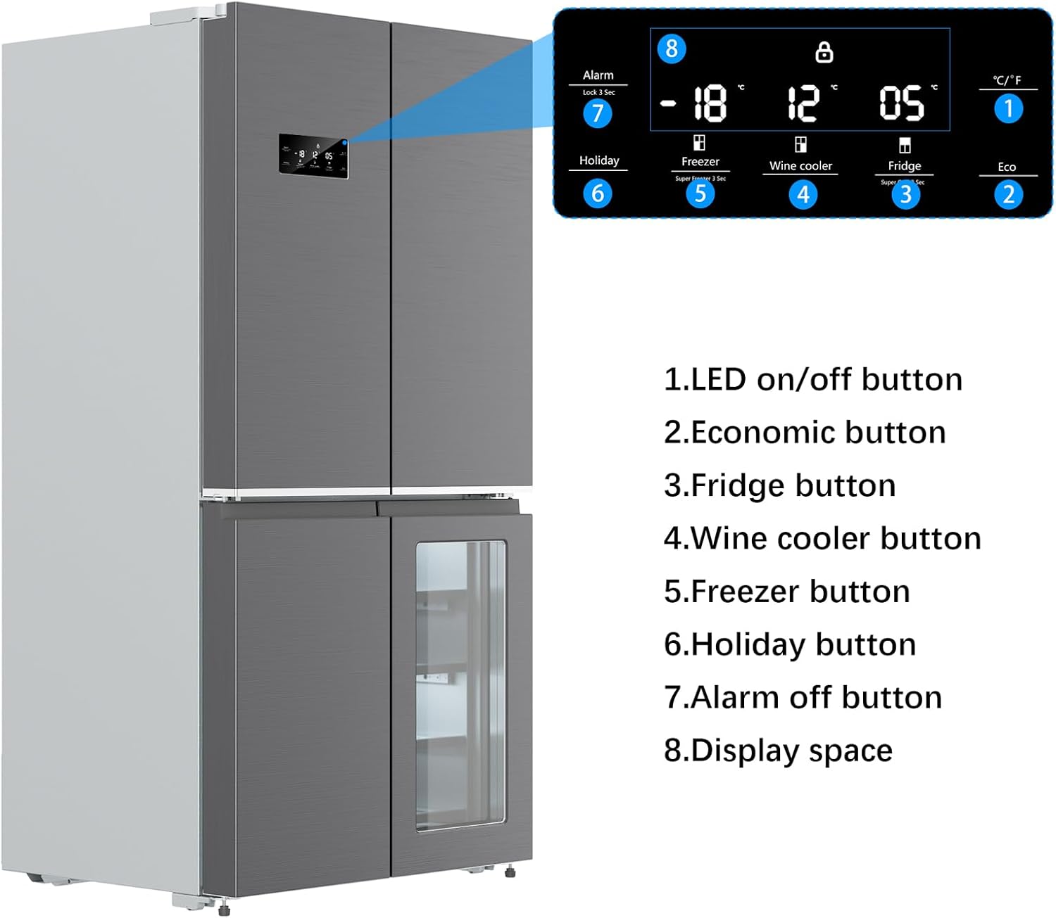 36 Inch Large Capacity French Door Refrigerator, 21 cu.ft Refrigerator with 4 Doors & Wine Cabinet, Dual Ice Maker, Adjustable Glass Shelves