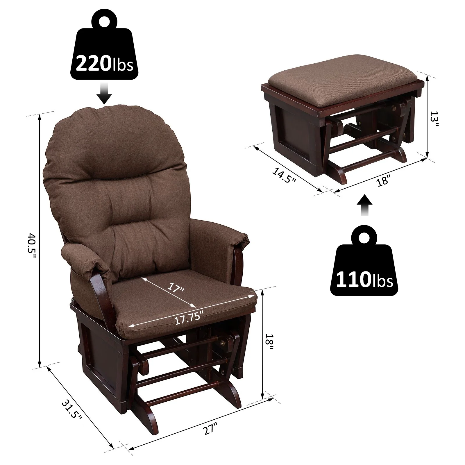 HOMCOM Nursery Glider Rocking Chair with Ottoman, Thick Padded Cushion Seating, Armrests and Wood Base, Dark Coffee