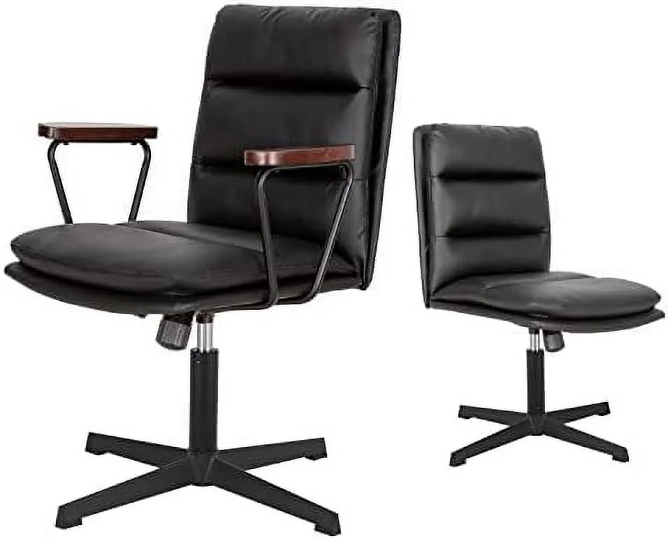 KHBIULIFE Office Desk Chair No Wheels  PU Leather Padded Criss Cross Chair with Wooden Armrests  Ergonomic Mid Back Adjustable Computer Chair  Cute