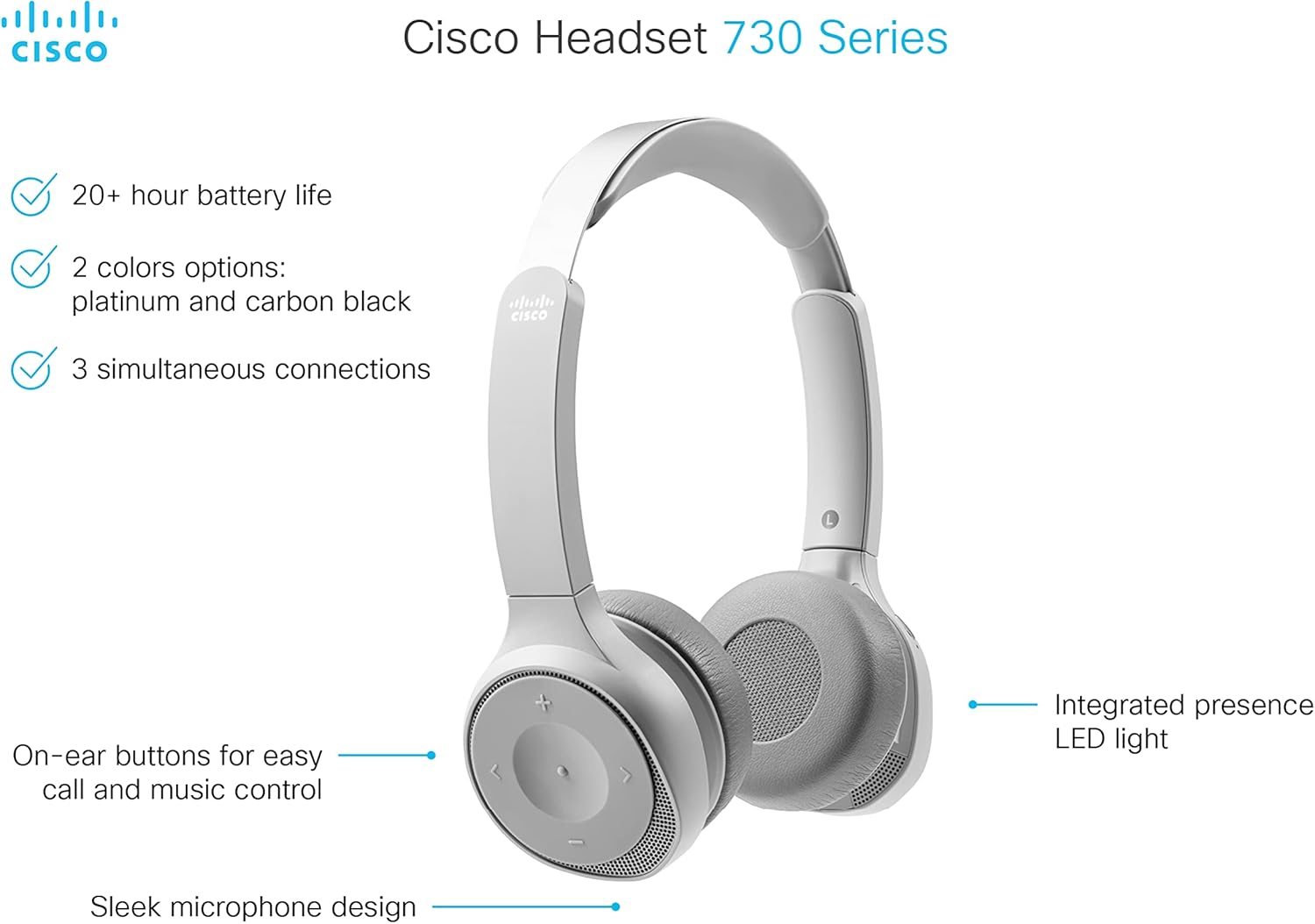 Cisco Headset 730, Wireless Dual On- Ear Bluetooth Headset with Case, USB-A HD Bluetooth Adapter, USB-A and 3.5mm Cables, Platinum