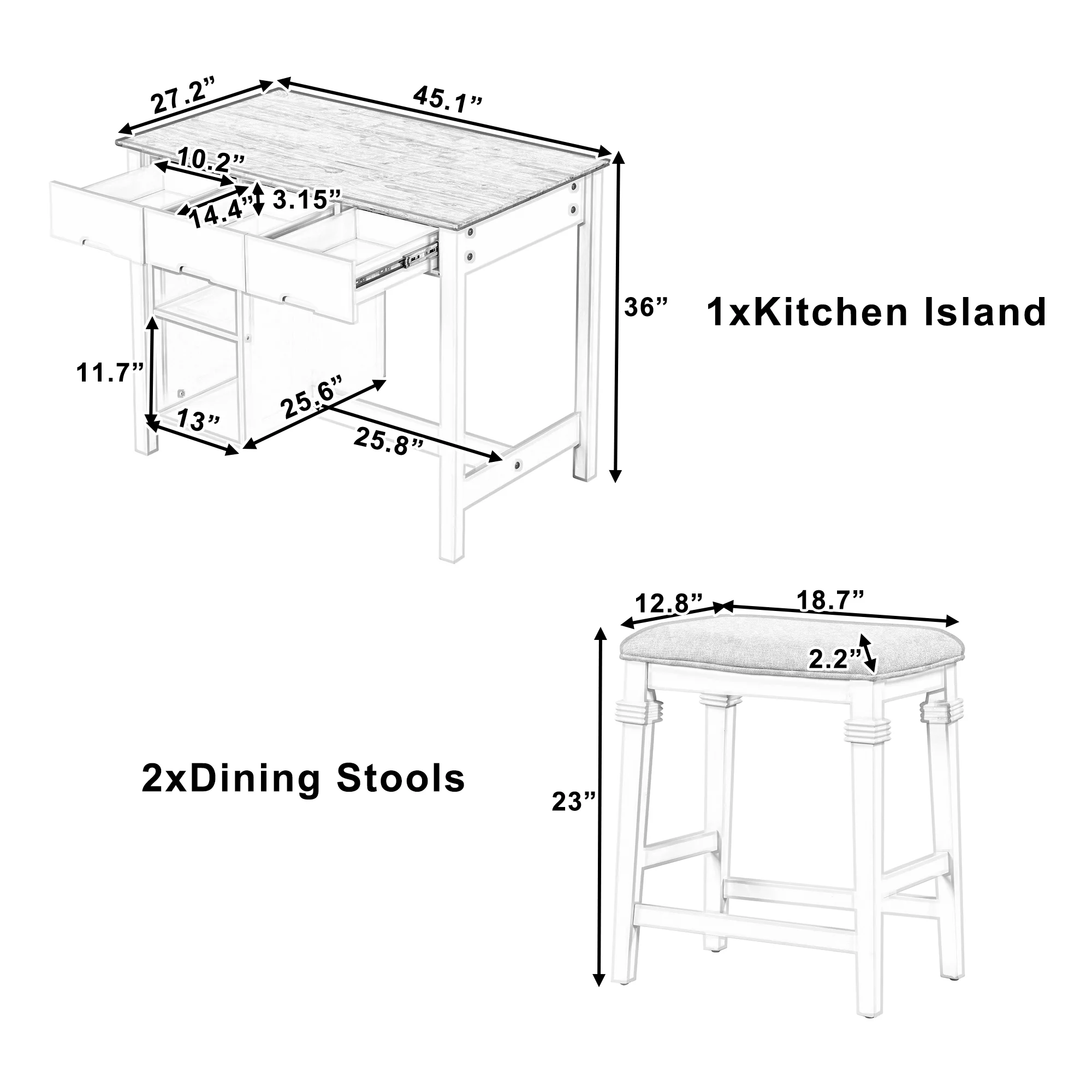 TOPMAX Farmhouse 3-piece 45" Stationary Rubber Wood Kitchen Island Set with 2 Seatings