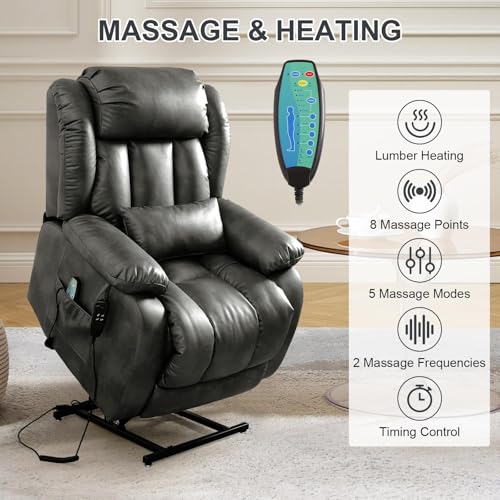 EDILLY Large Genuine Leather Power Lift Recliner Chairs for Elderly, Dual Motor with Massage and Heating,Double Lumbar Cushion and Extended Footrest