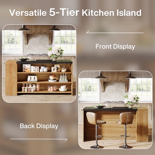 Tribesigns 55" Kitchen Island with Storage, Farmhouse 5-Tier Stationary Island Table with 5 Shelves
