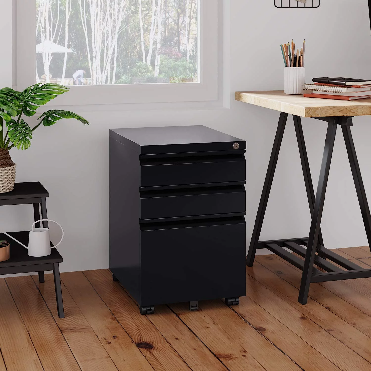 GangMei 3 Drawer Black Mobile File Cabinet with Lock, Under Desk Metal Movable Filing Cabinet, Fully Assembled