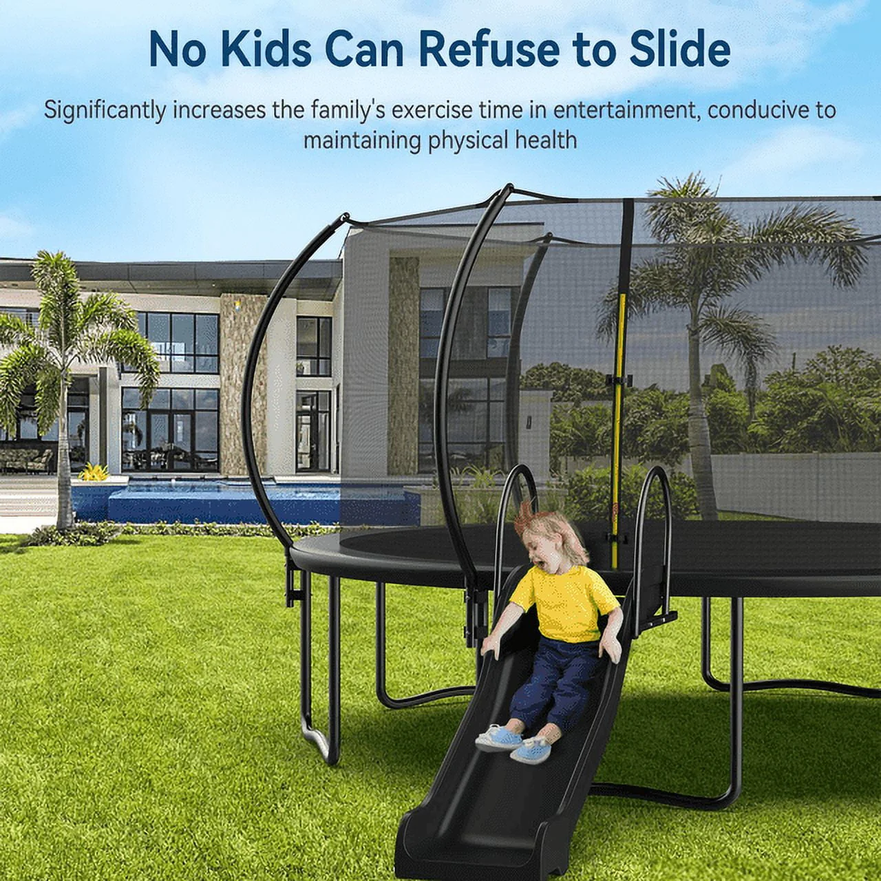 Soges 12FT Trampoline with Slide for Kids and Adults Outdoor Trampoline with Ladder and Safety Enclosure Net Pumpkin Trampoline with Curved Poles