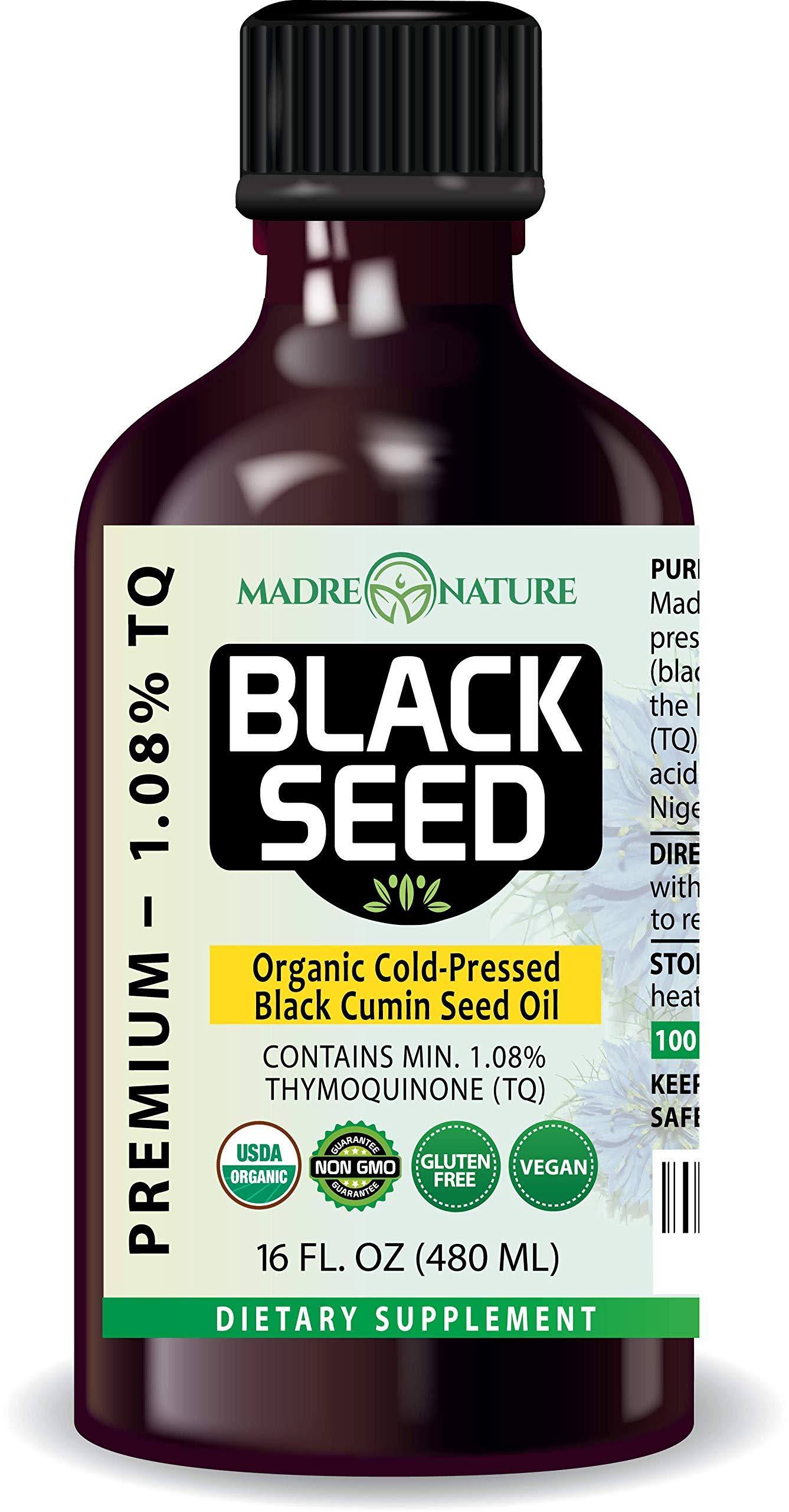Madre Nature USDA Organic Premium Black Seed Oil Glass Bottle 16 O
