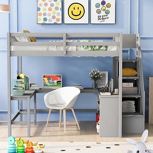Full Size Loft Bed with Desk & Wardrobe, Solid Wood Kids Loft Bedframe w/3 Storage Drawers & 2 Shelves, Maximum Space Design, for Bedroom, Dorm, Gray