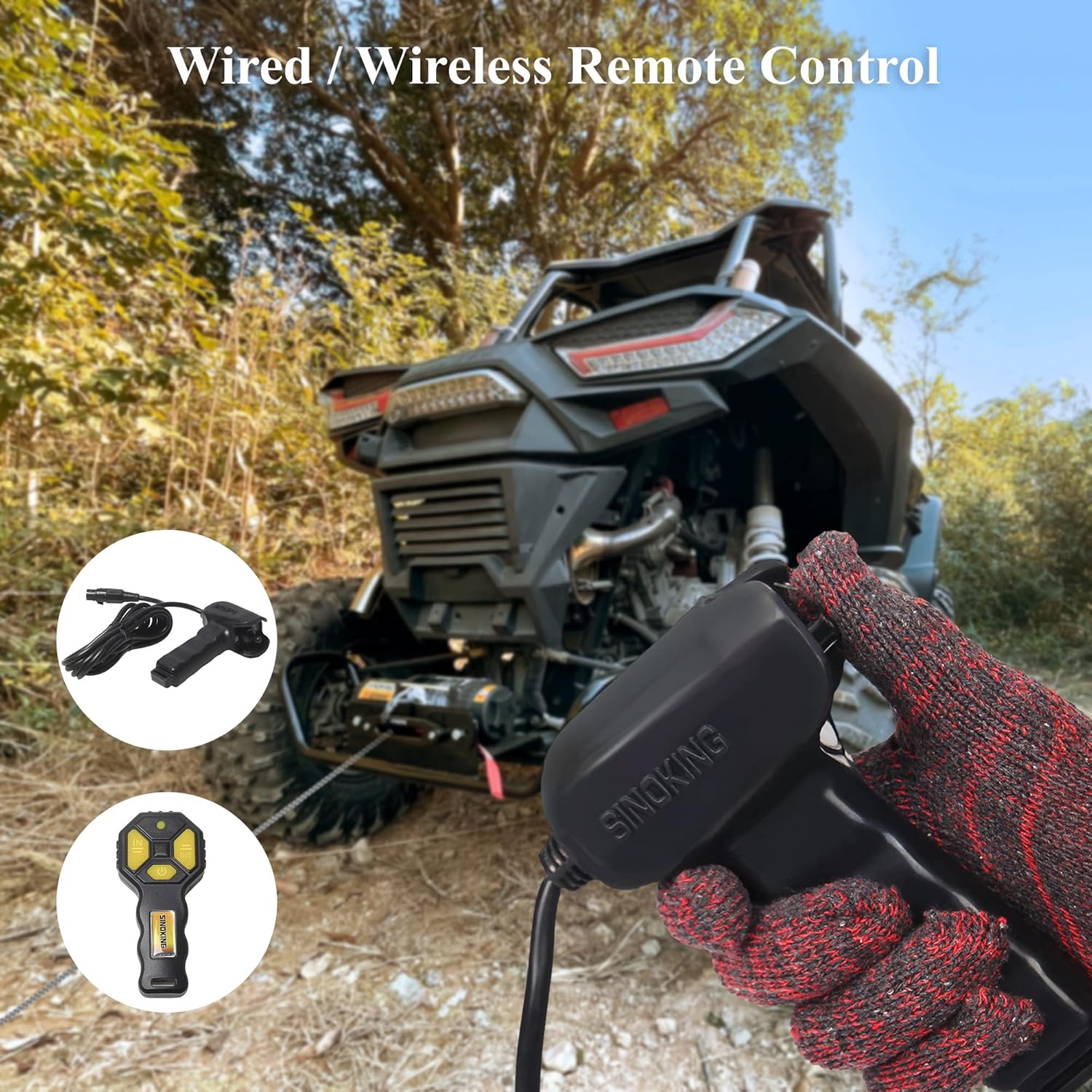 SINOKING 6000lb 12V Winch, UTV&ATV Winch with 1/4"× 49ft Synthetic Rope, Wired and Wireless Remote Control with Mounting Plate