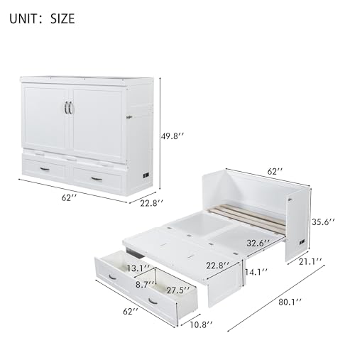 Harper & Bright Designs Queen Size Murphy Bed Cabinet Wall Bed Chest with USB, Charging Station and Large Storage Drawer for Home Office (White)