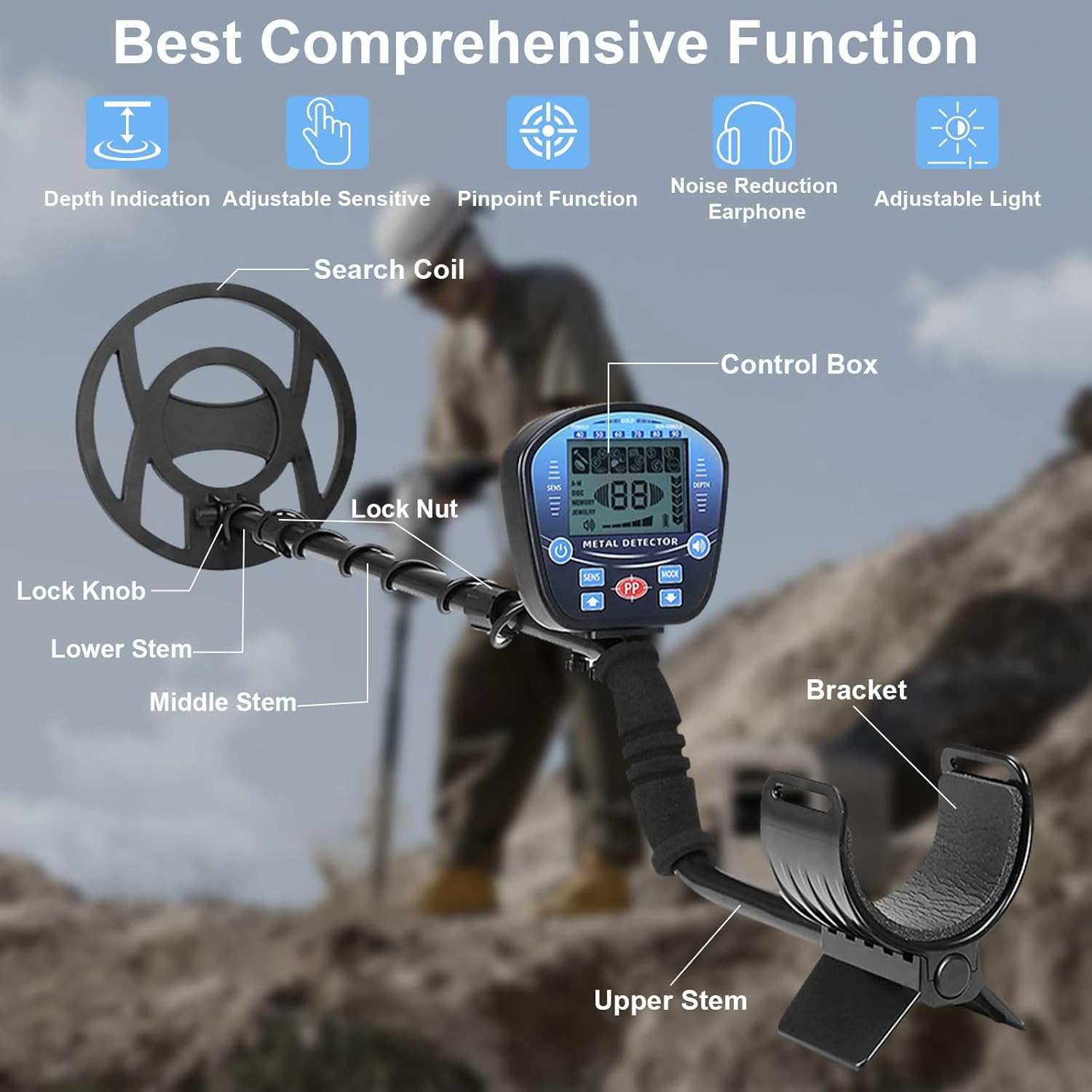 Upgraded Waterproof Metal Detector for Adults, Professional High Accuracy Gold Detector with LCD Display, 10'' Detection Depth