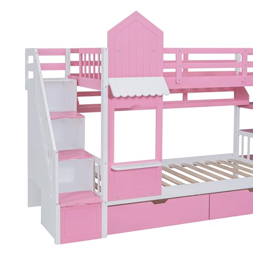Harper & Bright Designs Twin Over Twin Bunk Bed with Stairs and Slide, Solid Wood Bunk Bed Frame with Storage Drawers and Bookshelf