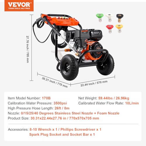 VEVOR Gas Powered Pressure Washer 3400 PSI 2.6 GPM, with Spray Gun and Extension Wand, 5 Quick Connect Nozzles, Copper Pump