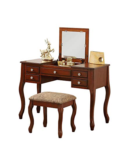 Poundex F4147 Bobkona Cailyn Flip Up Mirror vanity Set with Stool in Cherry