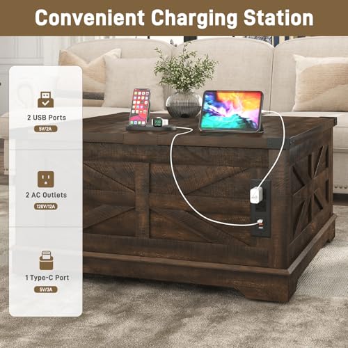 36" Farmhouse Movable Lift Top Coffee Table with Storage and Power Outlets, Square Wood Living Room Tables with Wheels&Large Hidden Space