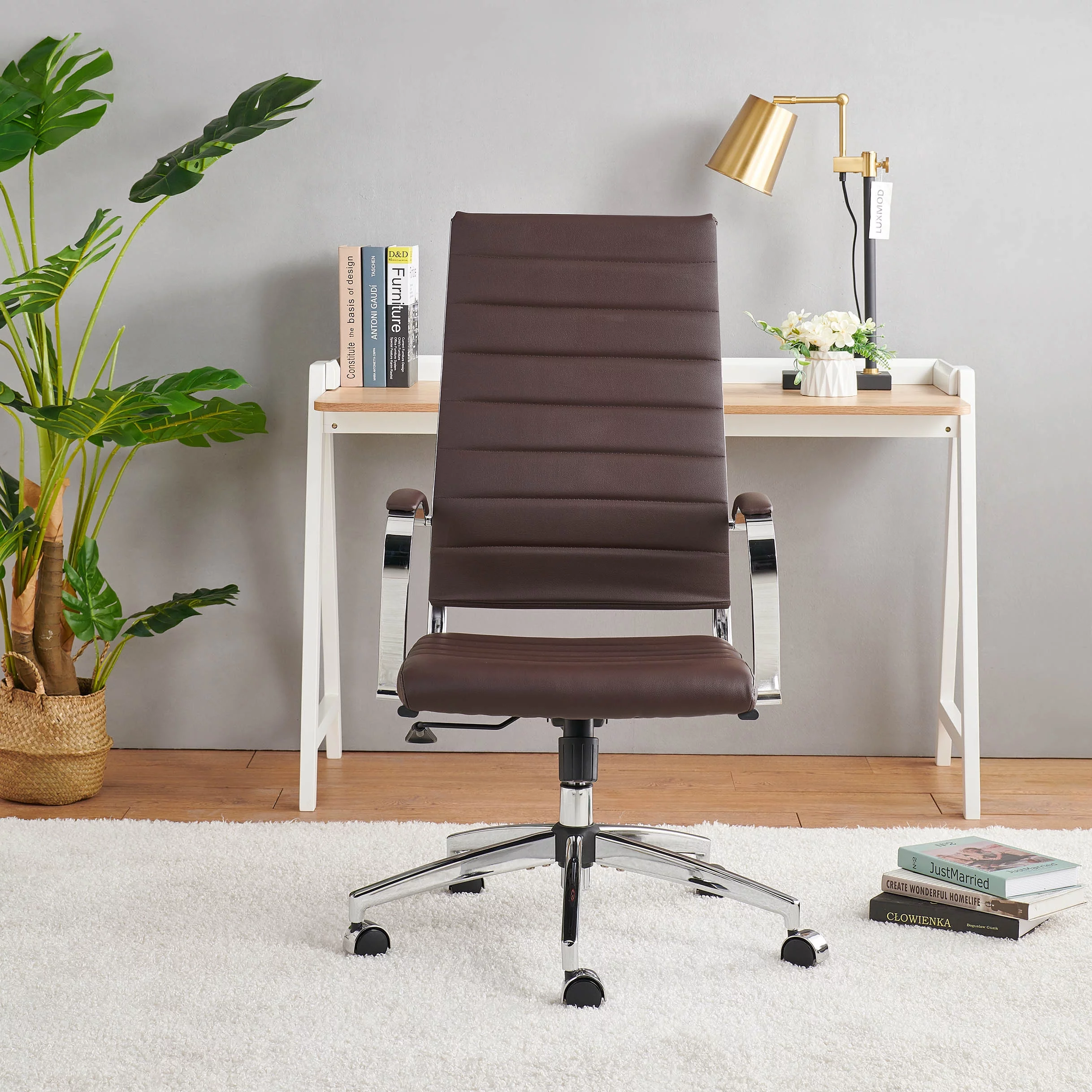 LUXMOD High Back Executive Office Chair with Armrest Adjustable Swivel Chair Brown Leather Office Chair Modern Office Chair Ergonomic Desk Chair for