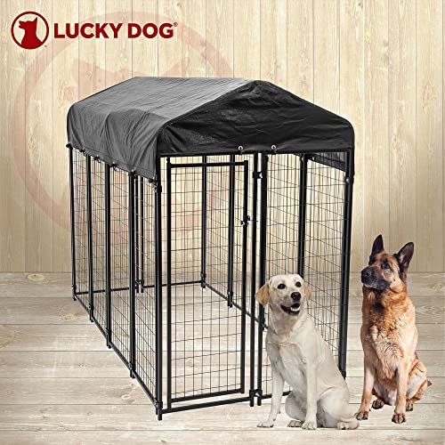 Stay Series 4 by 4 by 4.3 Feet Studio Jr. Black Powder Coat Steel Frame Outdoor Dog Kennel with Waterproof Canopy Roof and Gate Door, Khaki