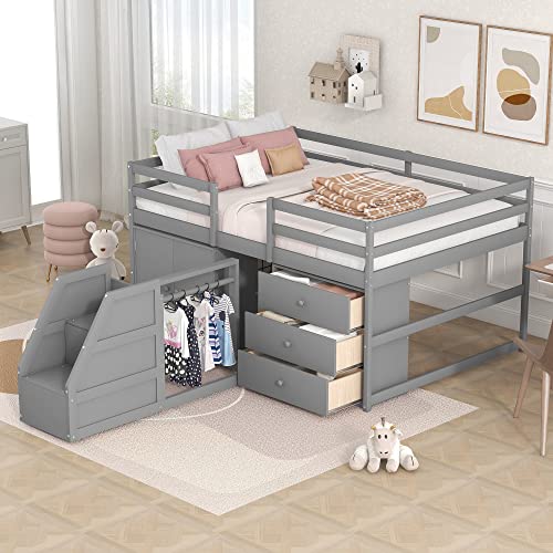 Full Size Low Loft Bed with Retractable Writing Desk, Storage Bed with 4 Drawers and Shelves