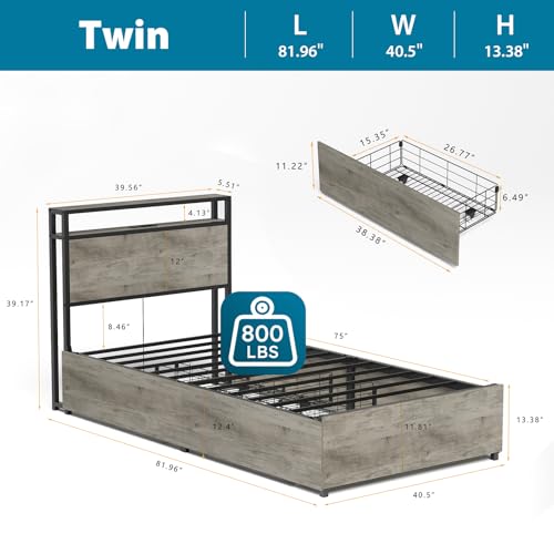 Queen Size Bed Frame with 4 Storage Drawers, LED Platform Bed with Headboard, Built in Charging Station, Noise Free, Stable and Solid