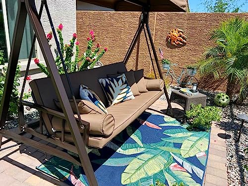 PURPLE LEAF Outdoor Patio Porch Swing with Adjustable PVC Canopy, 3-seat Swing Chair Bench with Side Cup Holder for Backyard Front Porch Lawn
