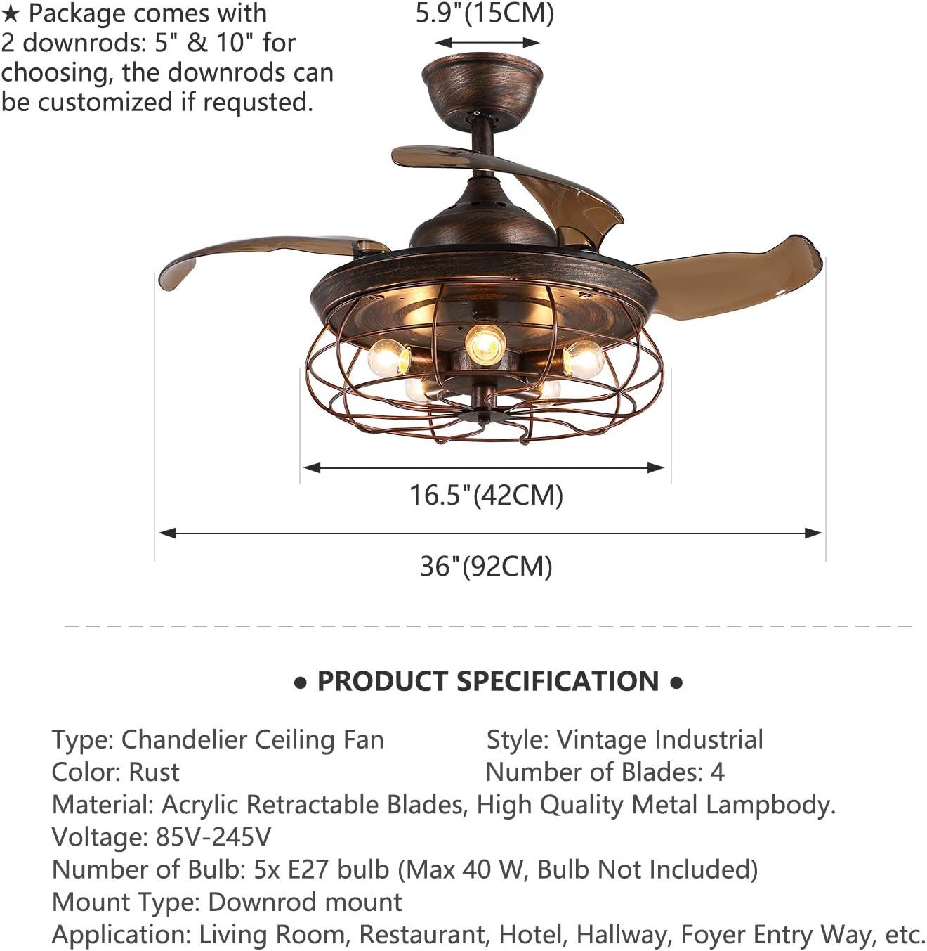 Siljoy 48 Retractable Blades Chandelier Ceiling Fan Industrial Retro Fandelier with Remote