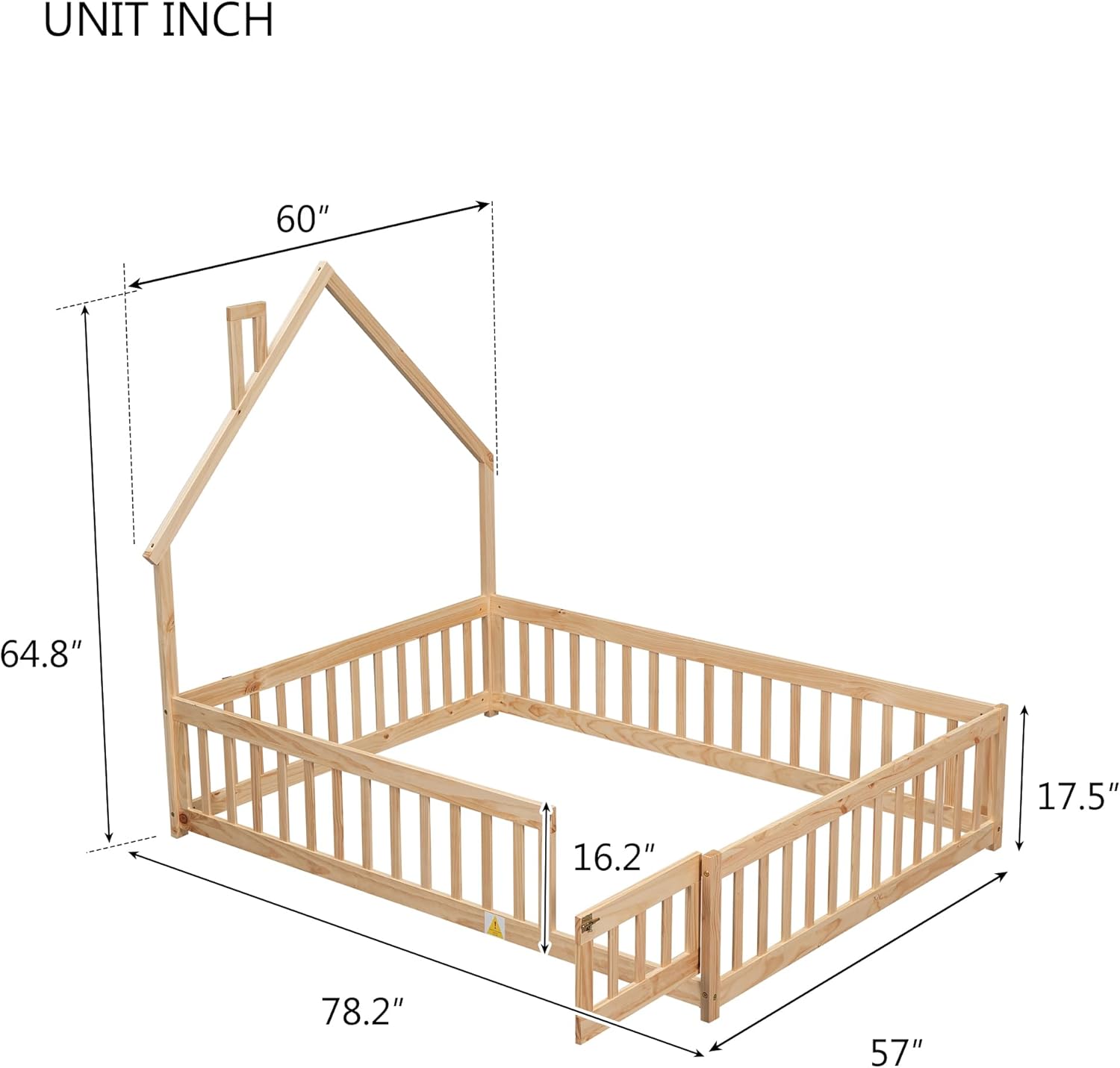 Full Size Floor Bed Frame with Fence & Door, Montessori Floor Bed with House-Shaped Headboard, Toddler Floor Bed for Kids Boys Girls, Easy Assembly