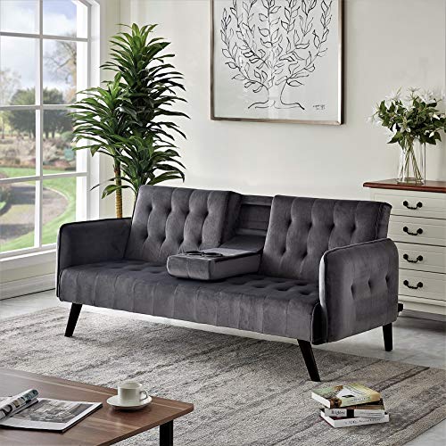 Cricklade Mid Century Modern Velvet Upholstered Futon Sofa Bed, Couches for Living Room with Center Console and Cupholders, Blue
