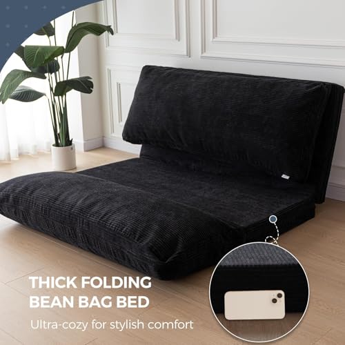 MAXYOYO Bean Bag Bed Folding Sofa Bed Floor Mattress for Adults, Extra Thick and Long Floor Sofa with Corded Washable Cover, Dark Grey, 30x95 Inch