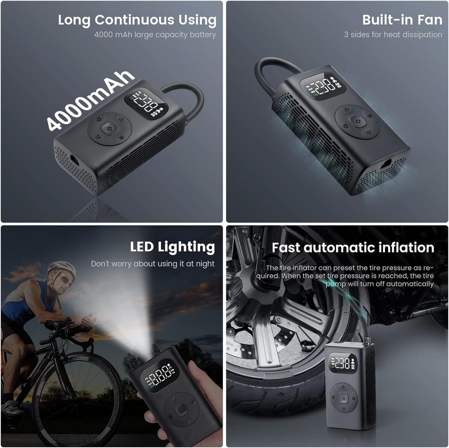 acetek Tire Inflator Portable Air Compressor, 150PSI Cordless Tire Inflator with Fan Cooling Digital Pressure Gauge Fast Inflation