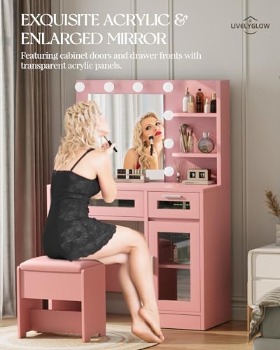 Vanity Desk with Mirror and Lights, Makeup Vanity with Drawer & Storage Shelves, Cabinet, 3 Lighting Modes Adjustable Brightness