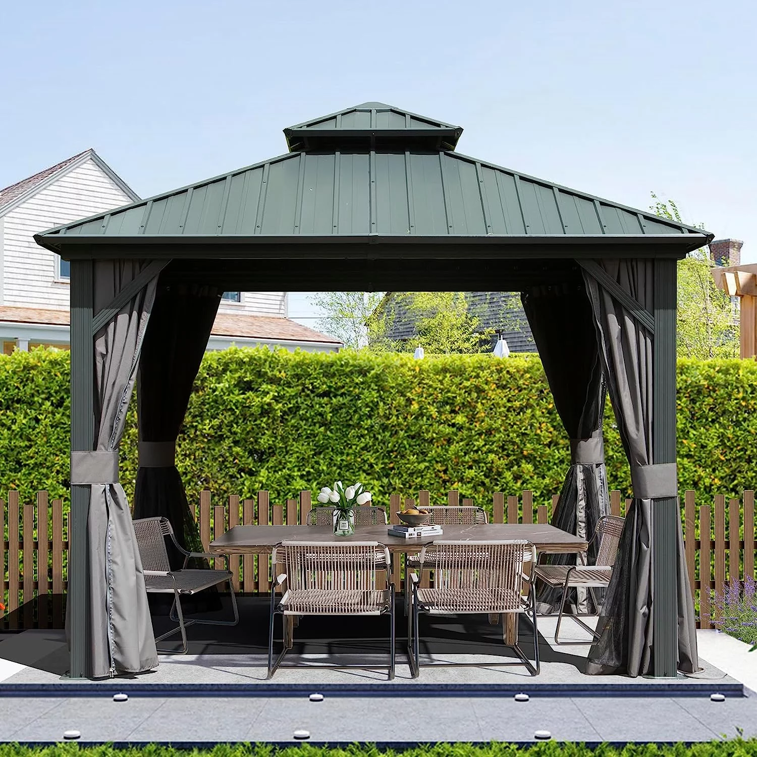 Domi Outdoor Living 10’ x 10’ Hardtop Gazebo Aluminum Frame Canopy with Netting & Curtains