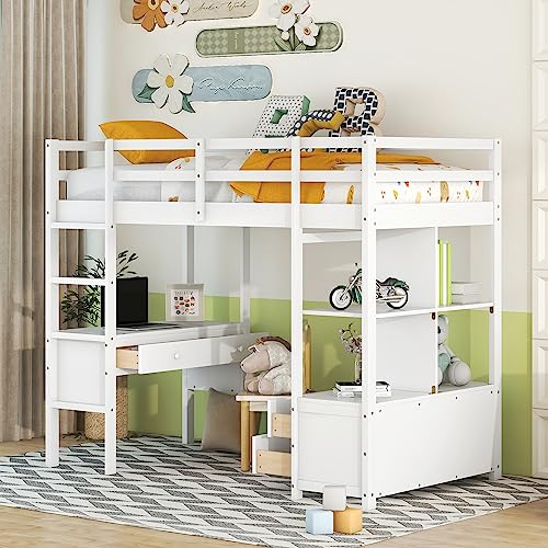 Twin Loft Bed, Saving Space Beds Frame with Desk, Storage Shelves, Drawers, Ladder, Guardrail, Solid Wood Loft Bed