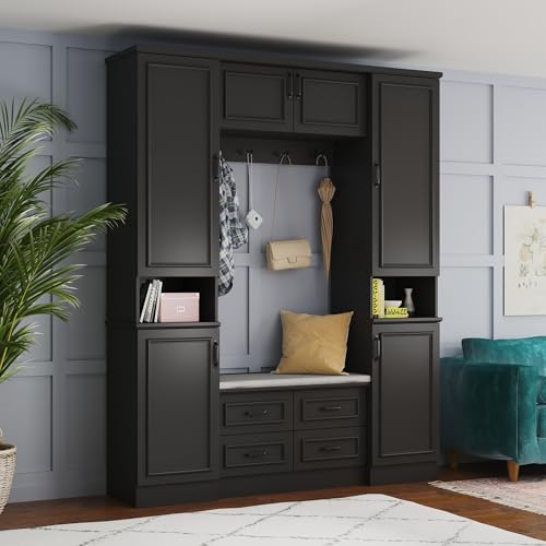 Homsee 78.7”H Hall Tree with 4 Double Coat Racks and Cushioned Bench, Modern Entryway Storage Organizer Cabinet with 6 Doors