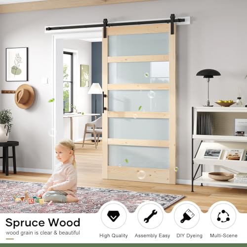 42x84 inch Glass Sliding Barn Door Slab with 7ft Hardware Kit Included, 5-Panel Frosted Glass, Spruce Wood Support DIY Dyeing, Easy Assembly