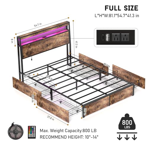 King Size Bed Frame with 4 Storage Drawers and Headboard with Charging Station and LED Lights,2 Tier Solid Wood Headboard Storage,Noise Free