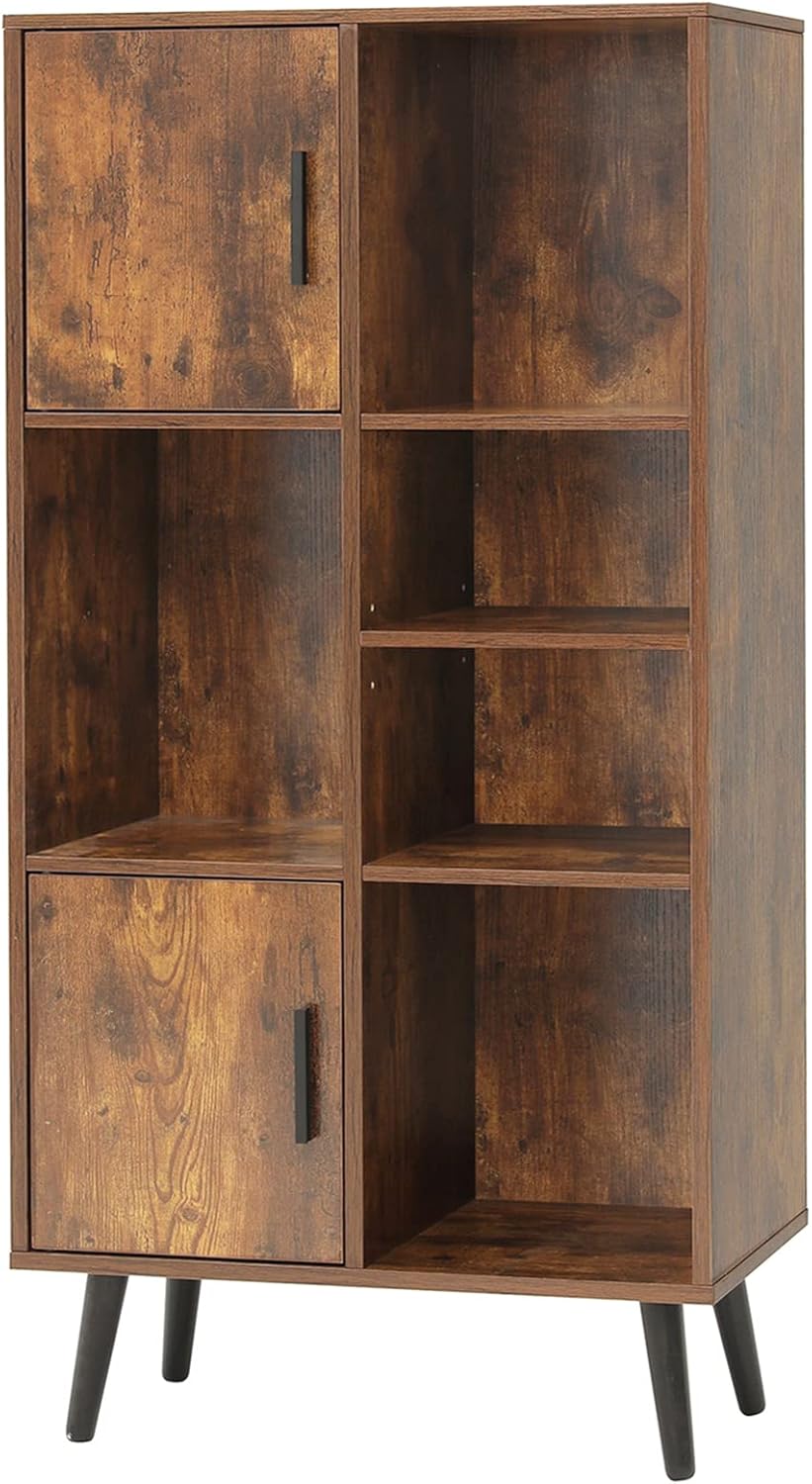 USIKEY Large Storage Cabinet, Mid Century Bookshelf with 2 Doors, 5 Open Shelves, 47.6 H Bookcase Cabinet with Adjustable Shelf